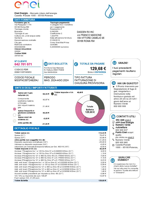 Italy Enel Energia business utility bill template in Word and PDF formats